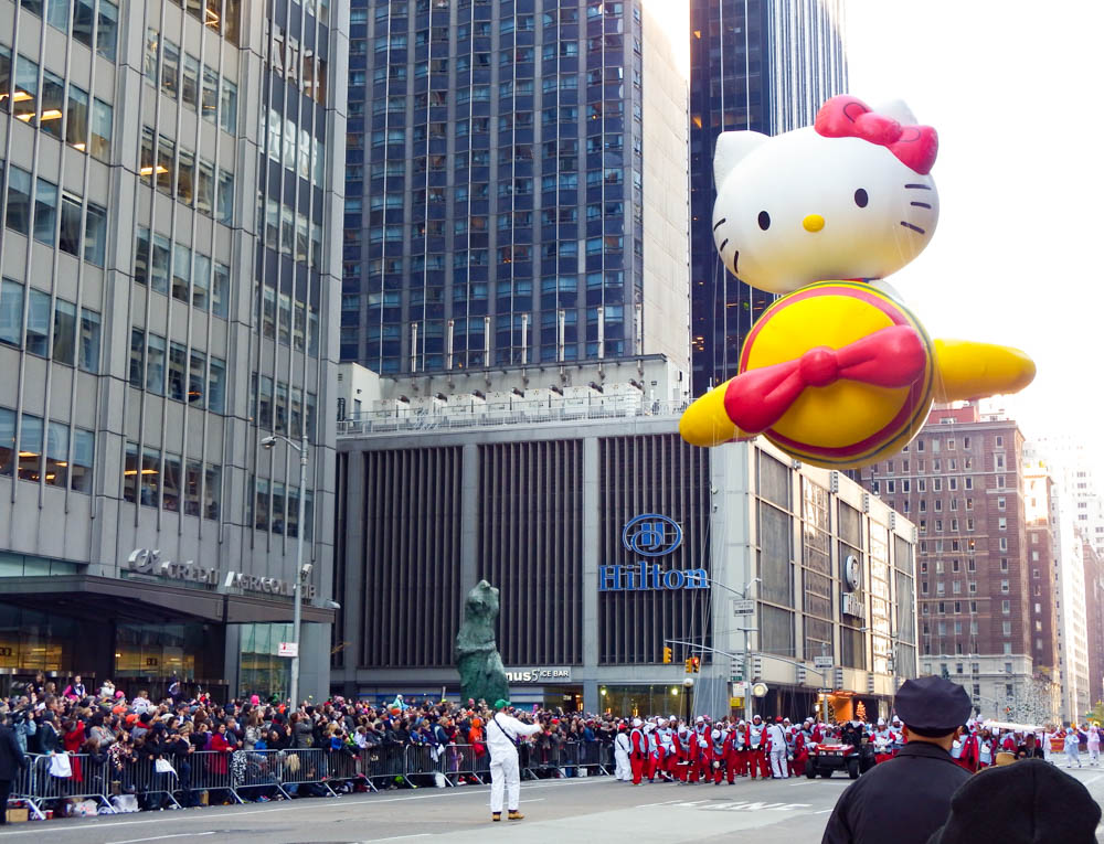 hello kitty in a plane balloon at the macys thanksgiving day parade