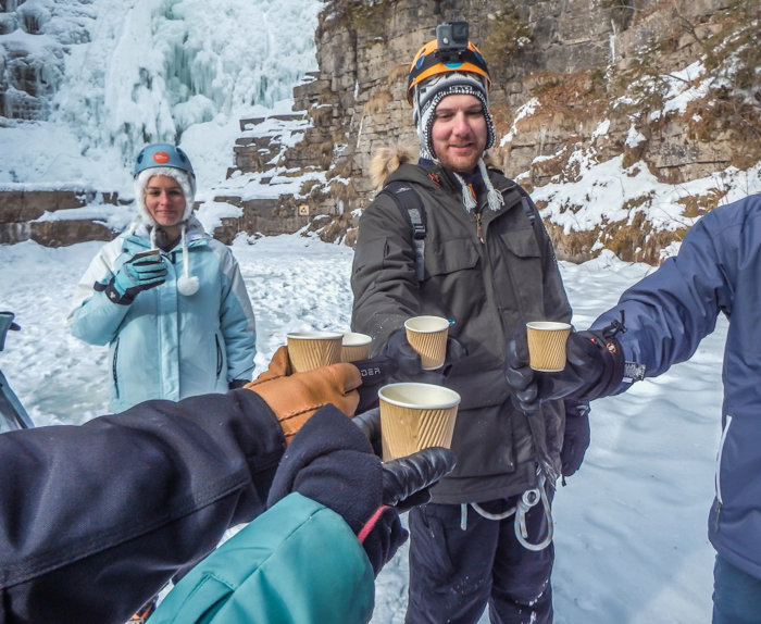 Ice Canyoning in Québec // Why You Should Be All up in This | Warming up with some hot chicken broth after ice canyoning in Québec