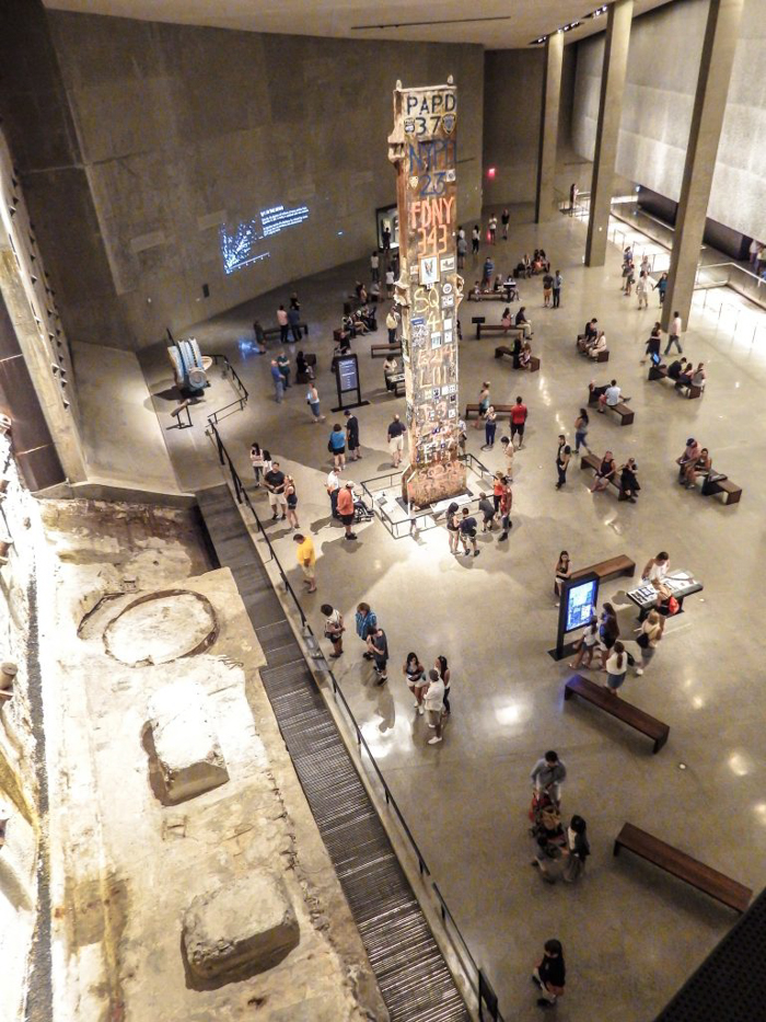 In the lobby pavilion are the Tridents that once formed part of the façade of the Twin Towers. The pavilion was actually built around them due to their size. 