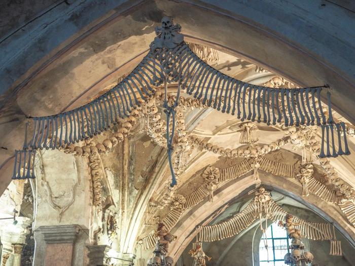 Bones decorating the interior of the Sedlec Ossuary in Kutná Hora, Czech Republic--just one hour from Prague