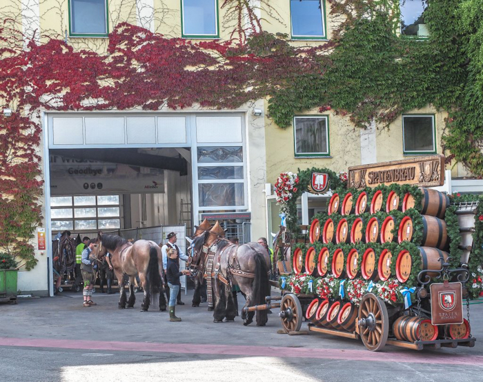 Oktoberfest Spaten horses and carriage at the Spaten brewery in Munich, Germany