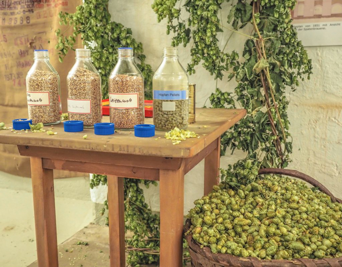 Beer ingredients inside the Spaten Brewery in Munich, Germany