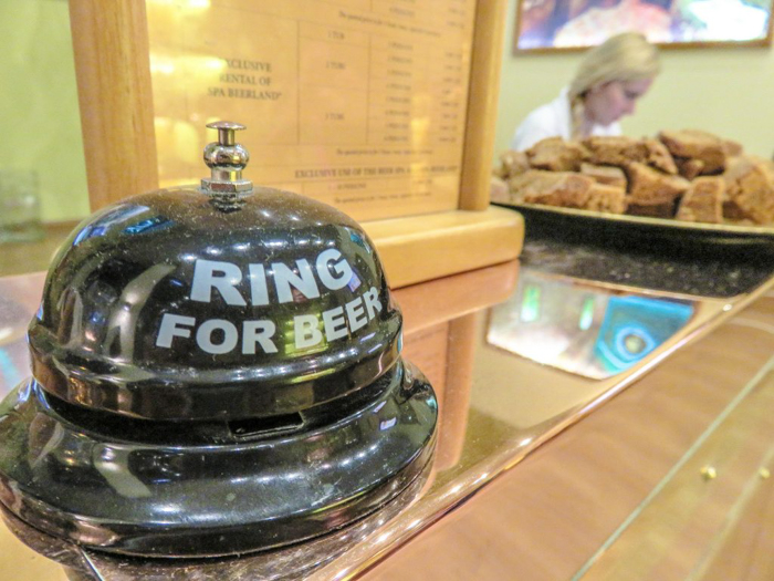 The bell on the front desk at Pivni Lazne Spa Beerland--a Prague beer spa
