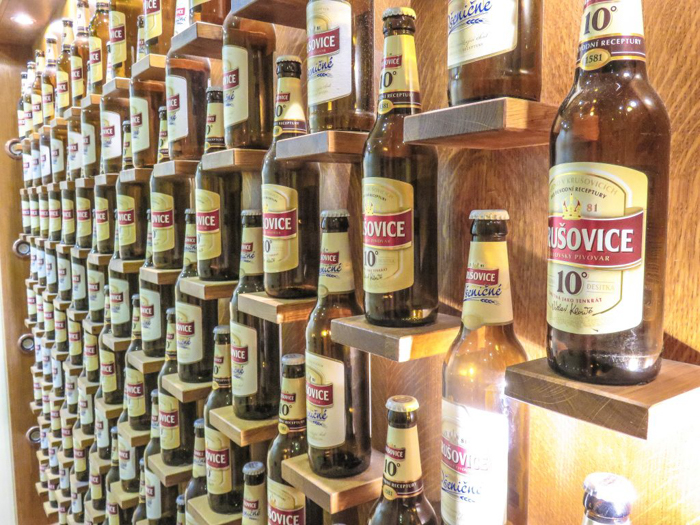Krusovice bottles on display at the Prague beer spa