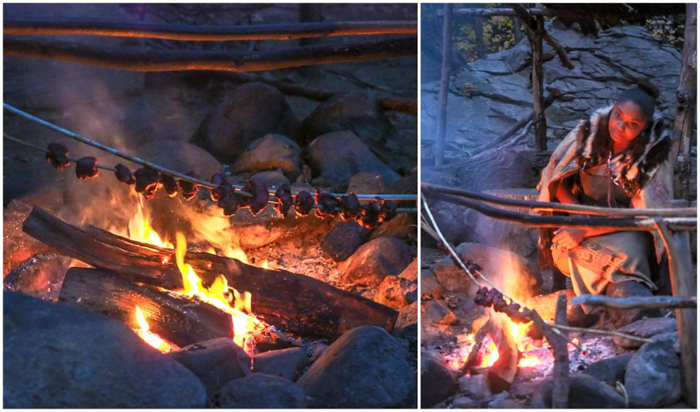 Native American cooking over a fire at Plymouth Plantation after Thanksgiving Dinner