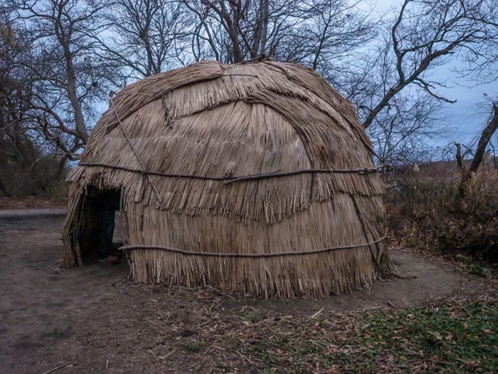 Native American shelter at Plymouth Plantation after Thanksgiving Dinner
