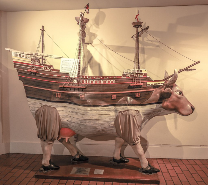 Statue of Mayflower cow at Plymouth Plantation Thanksgiving Dinner in Plymouth, Massachusetts