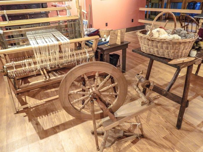 Spinning wheel at the craft center at Plimoth Plantation for Thanksgiving in Plymouth, Massachusetts -- just outside Boston