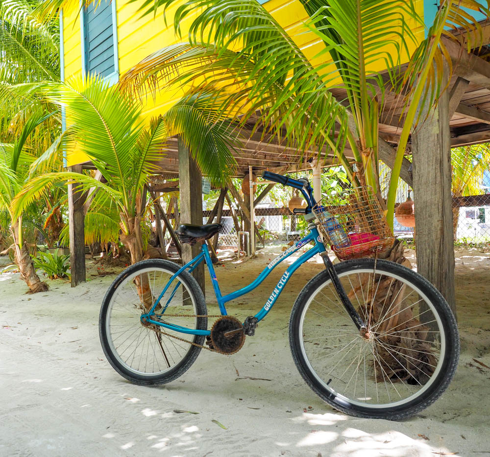 blue bike next to yellow cabana and palm trees