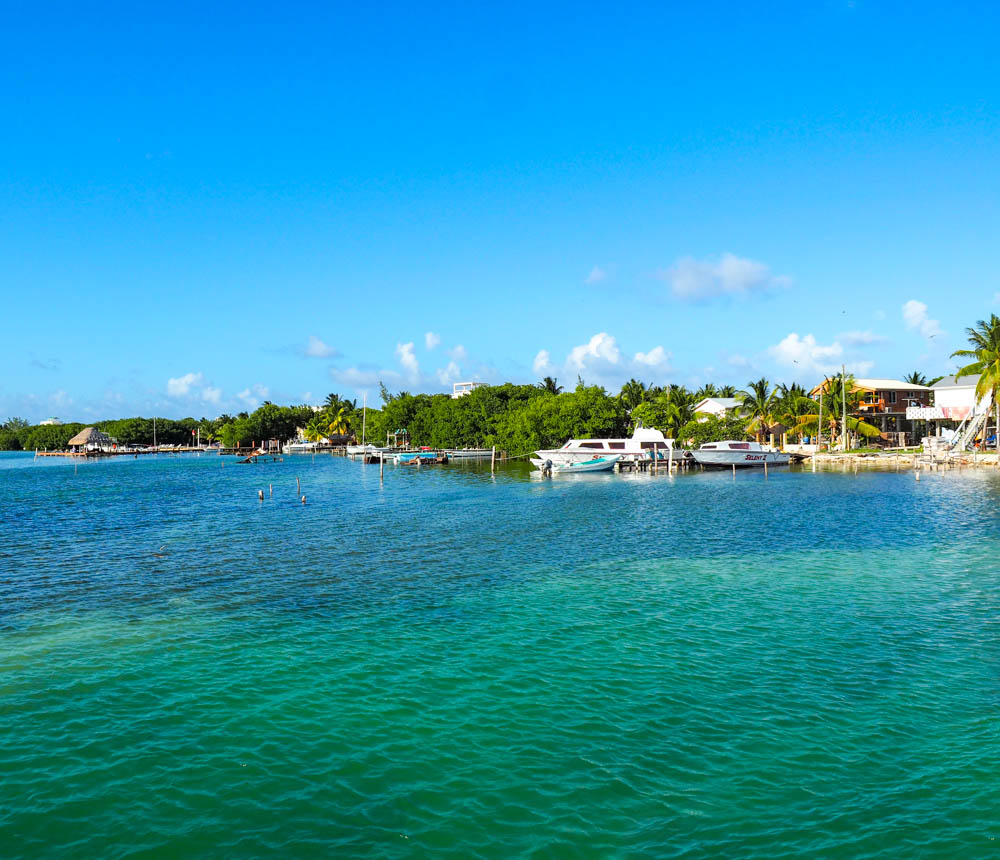 blue and teal water with palm trees and boats in the distance