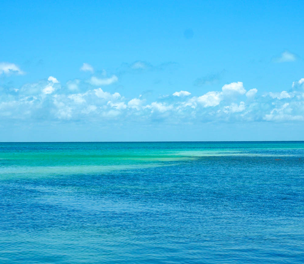 teal and blue ocean and a blue sky with small clouds