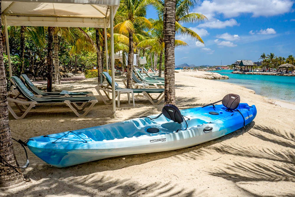 blue ocean kayak in sand under palm trees