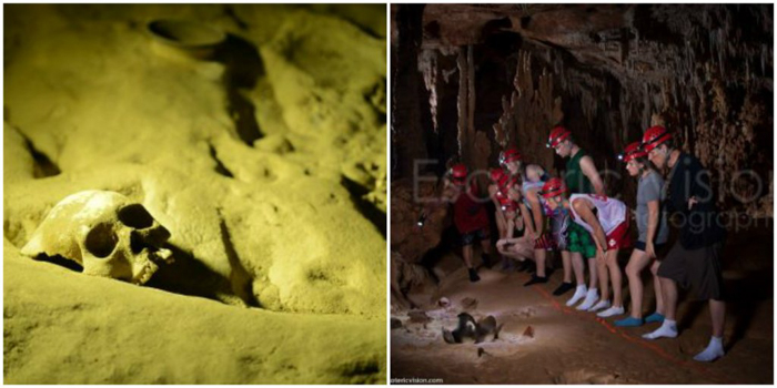 Skull and tour group in the ATM Cave in Belize | Map | San Ignacio, Belize | Cayo District | Tapir Mountain Nature Reserve | Actun Tunichil Muknal | Maya | Mayan archaeological site | skeletal remains | Cave of the Sone Sepulcher | Pacz Tours