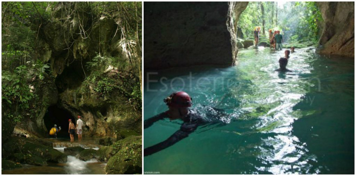 Swimming into the entrance of the ATM Cave in Belize | Map | San Ignacio, Belize | Cayo District | Tapir Mountain Nature Reserve | Actun Tunichil Muknal | Maya | Mayan archaeological site | skeletal remains | Cave of the Sone Sepulcher | Pacz Tours