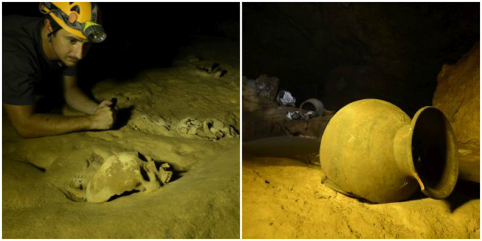 Pots and skull inside the ATM Cave in Belize | Map | San Ignacio, Belize | Cayo District | Tapir Mountain Nature Reserve | Actun Tunichil Muknal | Maya | Mayan archaeological site | skeletal remains | Cave of the Sone Sepulcher | Pacz Tours
