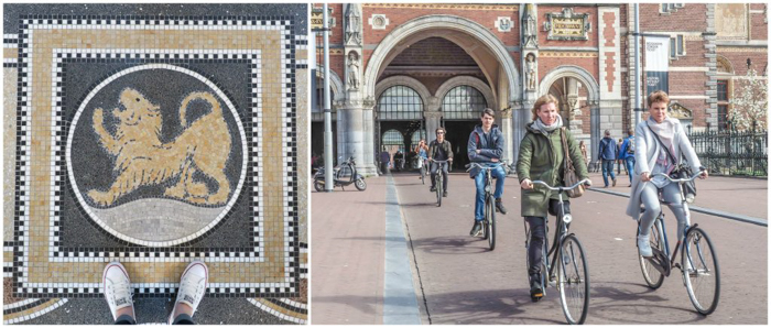 Mosaic floor interior of the Rijksmuseum | bicyclists outside | 3 days in Amsterdam, Netherlands | Zodiac | Leo