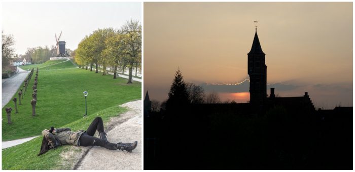 Windmills and sunset around the corner from St. Christopher's Inn Bruges, Belgium | Hostel at the Bauhaus