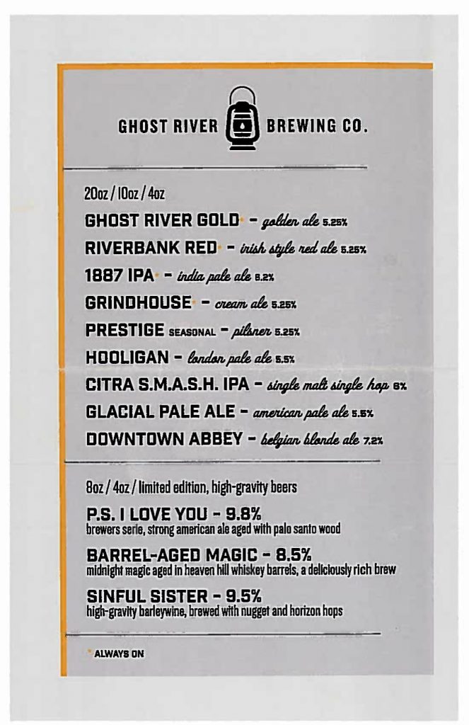 Memphis craft breweries | Ghost River Brewing Co. | Craft beer in Downtown Memphis, Tennessee | Ghost River taproom | beer flights | Beer menu