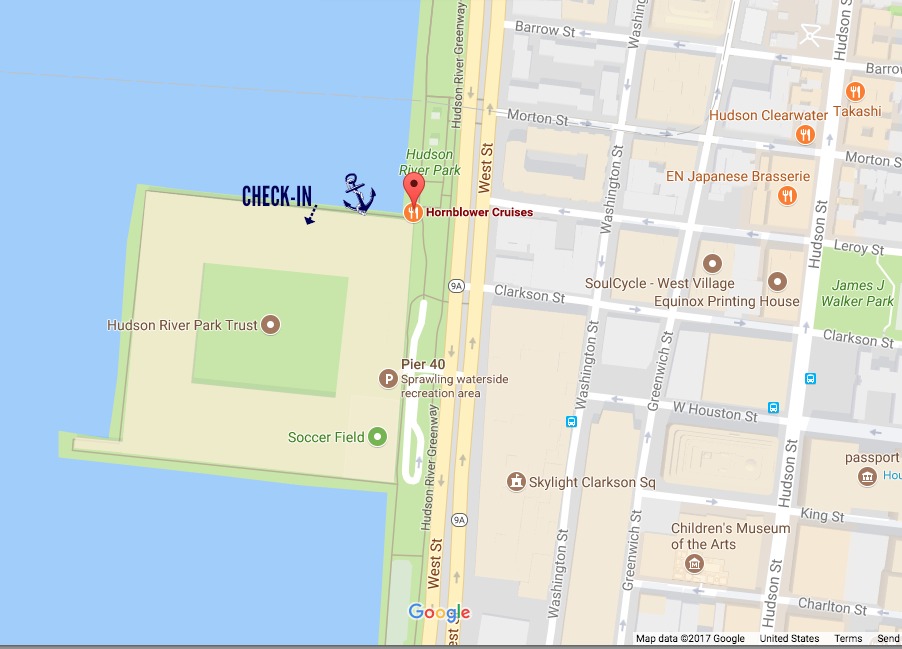 map of Pier 40 where you'll board your Thanksgiving dinner cruise NYC