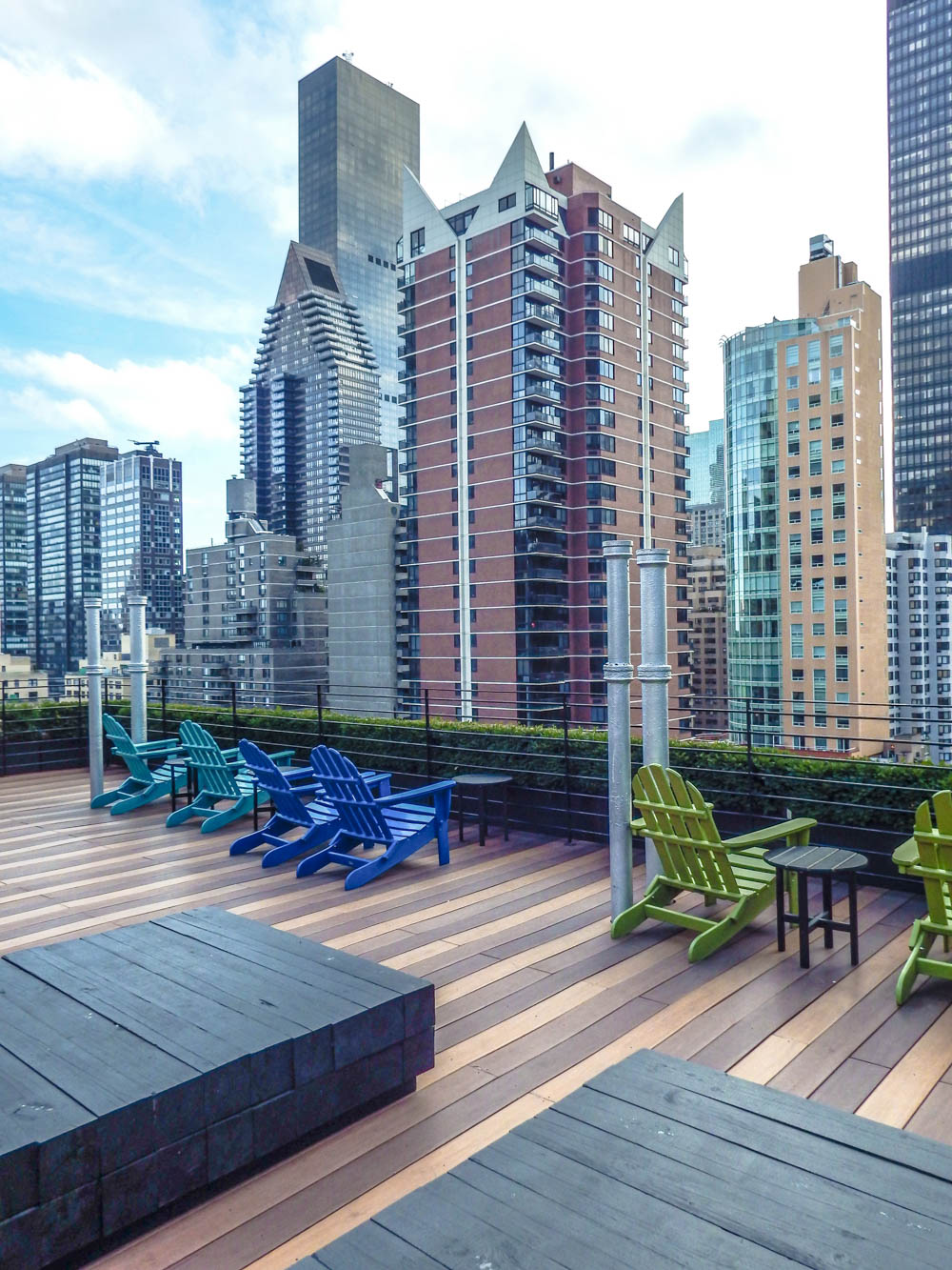 Views of the New York City skyline from a rooftop