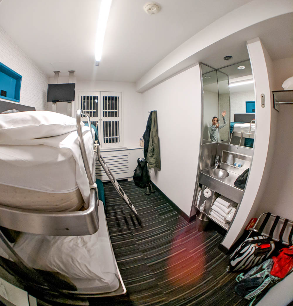 fisheye view of tiny hotel room