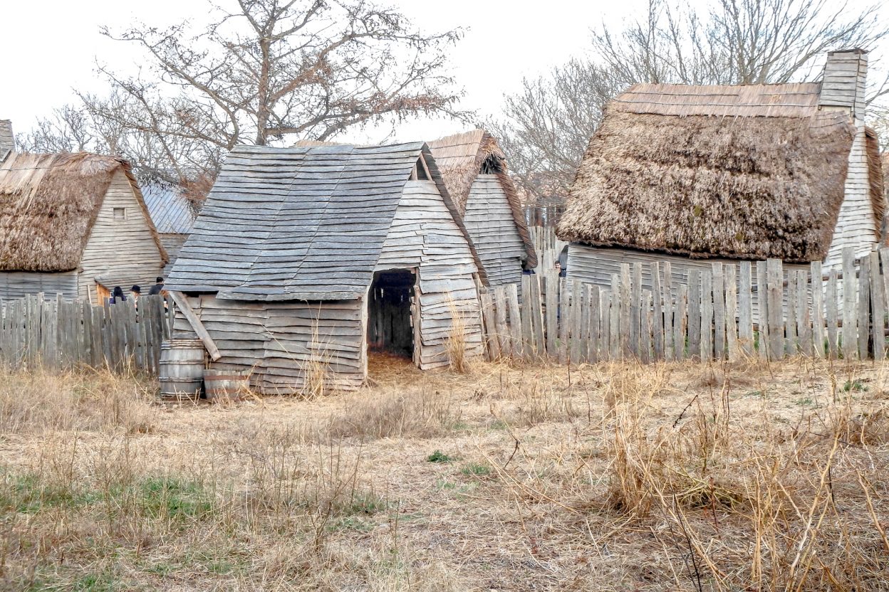 Dining with Pilgrims and indians at a Plimoth Plantation Thanksgiving in Plymouth, Massachusetts