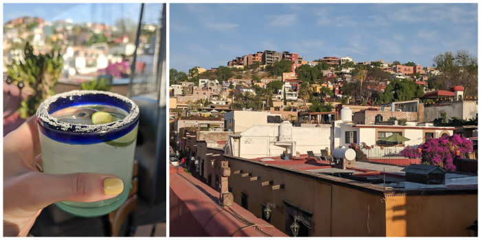 2 days in San Miguel de Allende travel tips | aerial views of the city | Rooftop patio at El Pegaso, margaritas #sanmigueldeallende #mexico #traveltips #timebudgettravel #sanmiguel