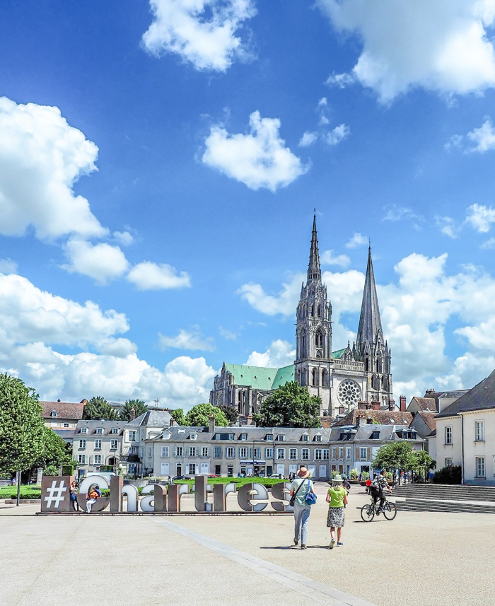 Chartres sign in front of Chartres Cathedral in Chartres, France - Loire Valley