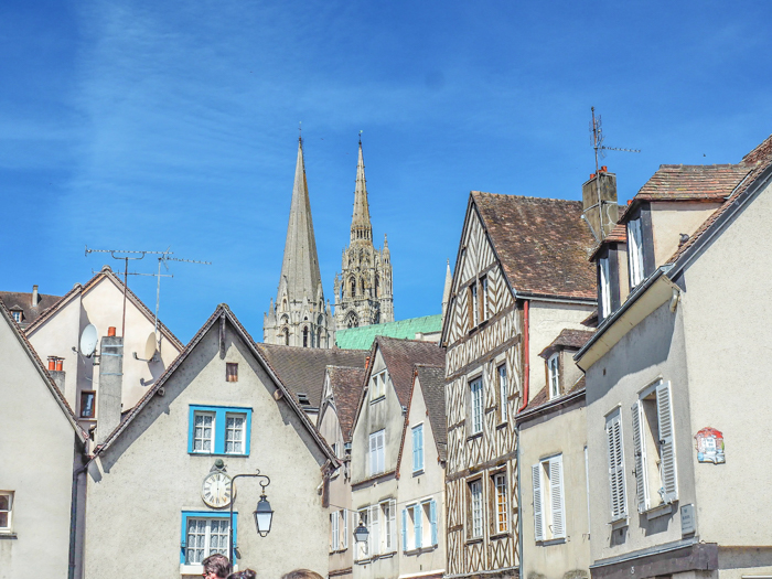 The rooftops and and view of Chartres Cathedral in Chartres, France - Loire Valley