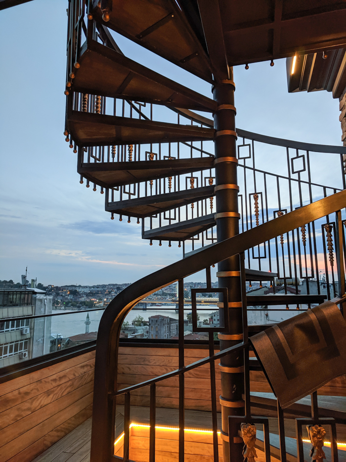 Staircase at the rooftop bar, Where to Stay in Istanbul, Turkey: Hotel Momento Golden Horn in Beyoglu / Karakoy. #istanbul #turkey #goldenhorn #wheretostay #hotelreview #hotelmomento #traveltips