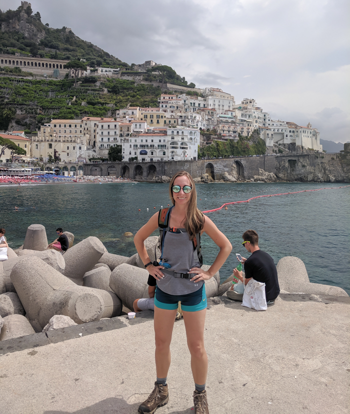 Me in front of the town of Amalfi | Hiking the Path of the Gods from Sorrento, Italy on the Amalfi Coast | #pathofthegods #sorrento #amalficoast #hiking #italy