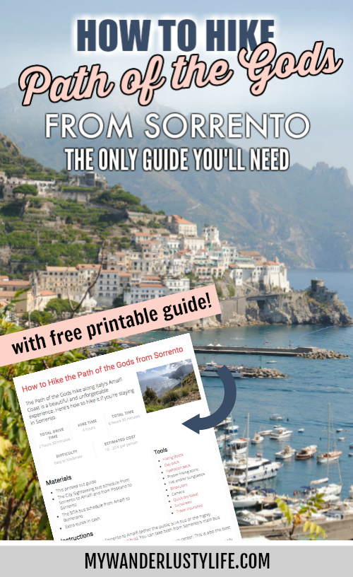 How to hike the Path of the Gods from Sorrento, Italy | Il Sentiero degli Dei | A Complete Guide: Where is the Path of the Gods, How to get to the Path of the Gods from Sorrento, What to pack, and more! Plus free printable guide #pathofthegods #sorrento #amalficoast #hiking #italy #sentierodeglidei