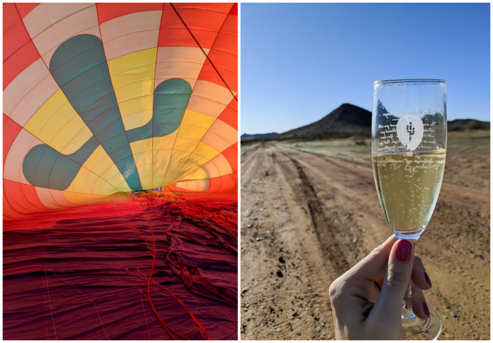 Hot Air Expeditions, cactus hot air balloon and champage