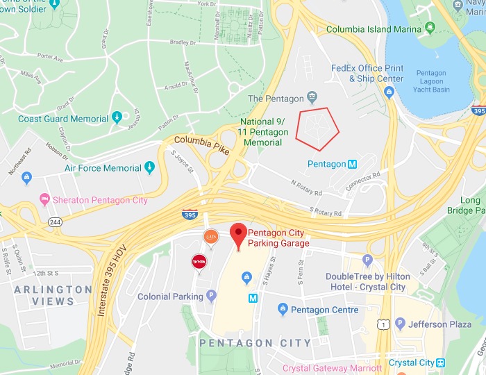 Pentagon City Parking Garage map location - Where to park for a Pentagon tour - How to get to the Pentagon for your tour