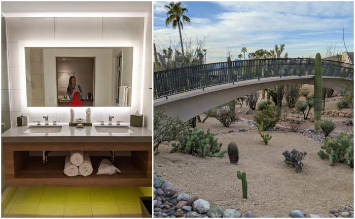 bathroom and cactus garden bridge at Civana Wellness Resort and Spa | Where to Stay in Scottsdale, Arizona for two very different experiences | #civana #spa #scottsdale #arizona #wheretostay 