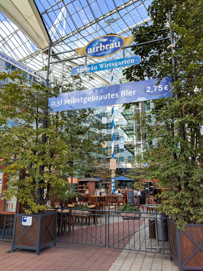 Signs in the beer garden at Airbräu, the Munich airport brewery, terminal 2