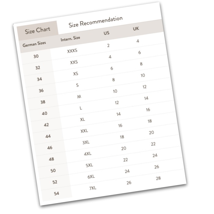 dirndl size chart comparing US, UK, and German sizes