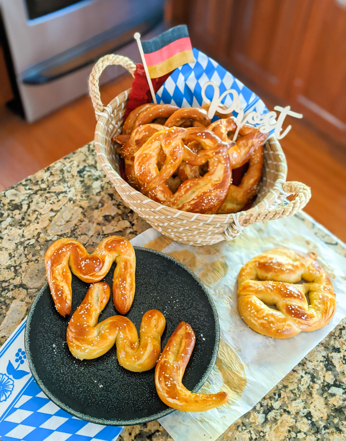 Bavarian soft pretzels in the shape of the letters M W L for My Wanderlusty Life