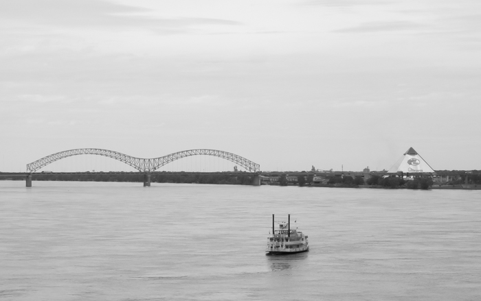 View of Memphis pyramid and bridge from the mississippi river