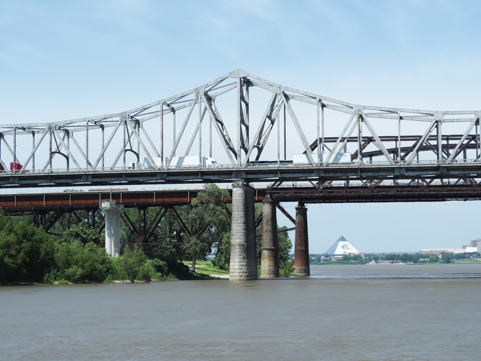 View of Memphis pyramid and bridge from the mississippi river