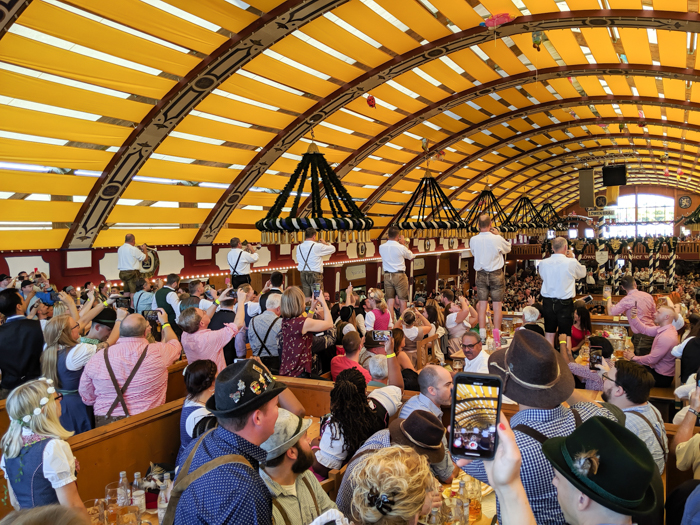 The band at the Lowenbrau beer tent at Oktoberfest in Munich, Germany