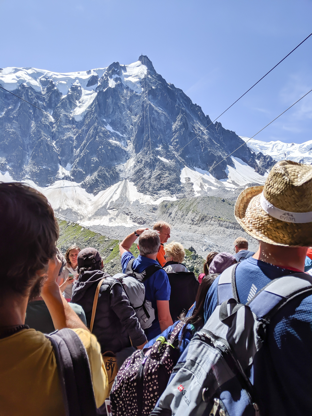 Aiguille du Midi summer visitor's guide, Chamonix, France: waiting for the cable car at Plan de l'Aiguille