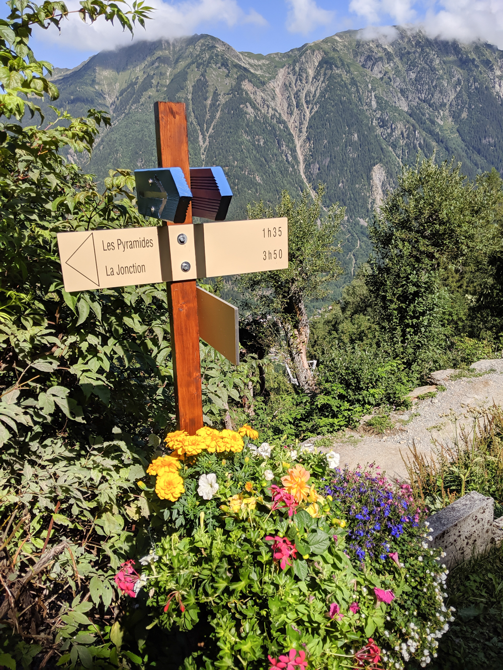 Best hikes in Chamonix: Plan de l'Aiguille to Mer de Glace and Montenvers on the Grand Balcon Nord / best day hikes in Chamonix / Mer de glace glacier, hiking in chamonix / trail signs and flowers