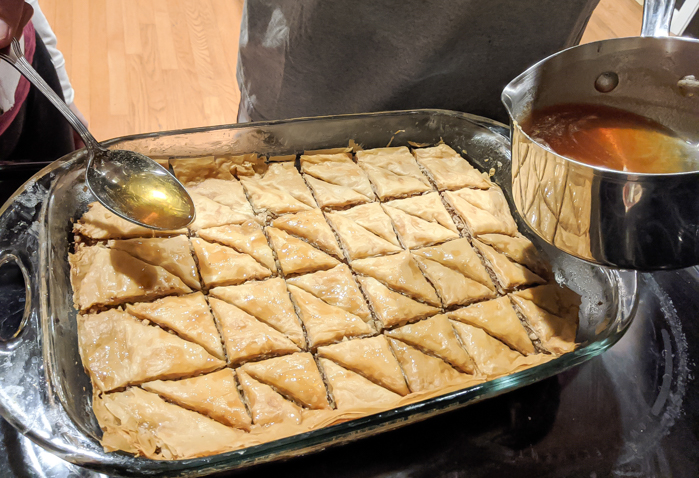 Pour the sauce over this simple honey walnut baklava recipe