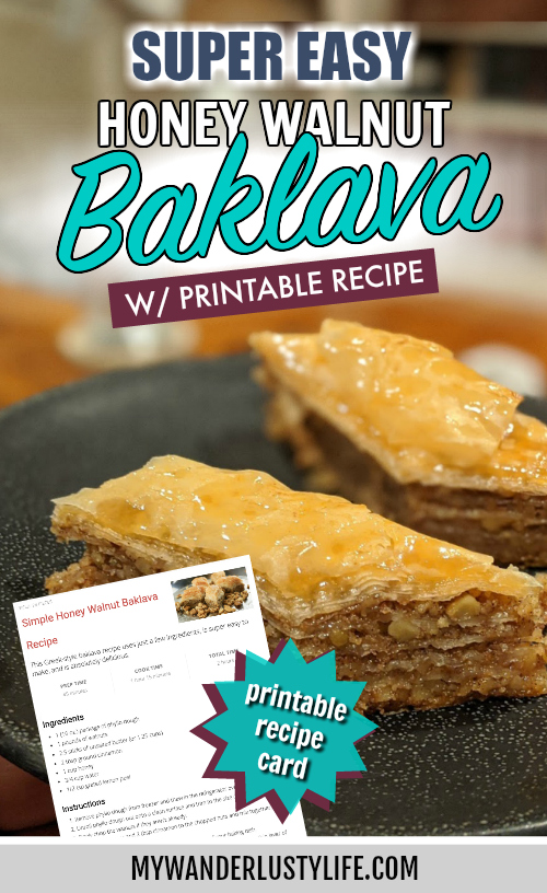 Simple Honey Walnut Baklava Recipe with printable recipe card | Easy to make Greek-style Baklava #baklava #greekfood