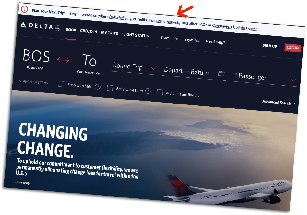 Air travel tips for traveling during the pandemic: Delta Airlines Covid policies on their website