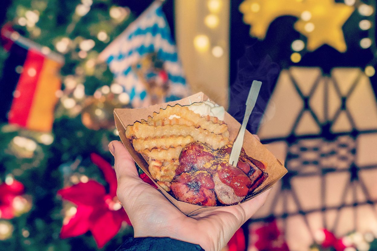 German Christmas market foods and drinks you can enjoy at home (with recipes) | Things like currywurst, schneeballen, stollen, flammkuchen, mushrooms, waffles, potato pancakes, almonds, and more!