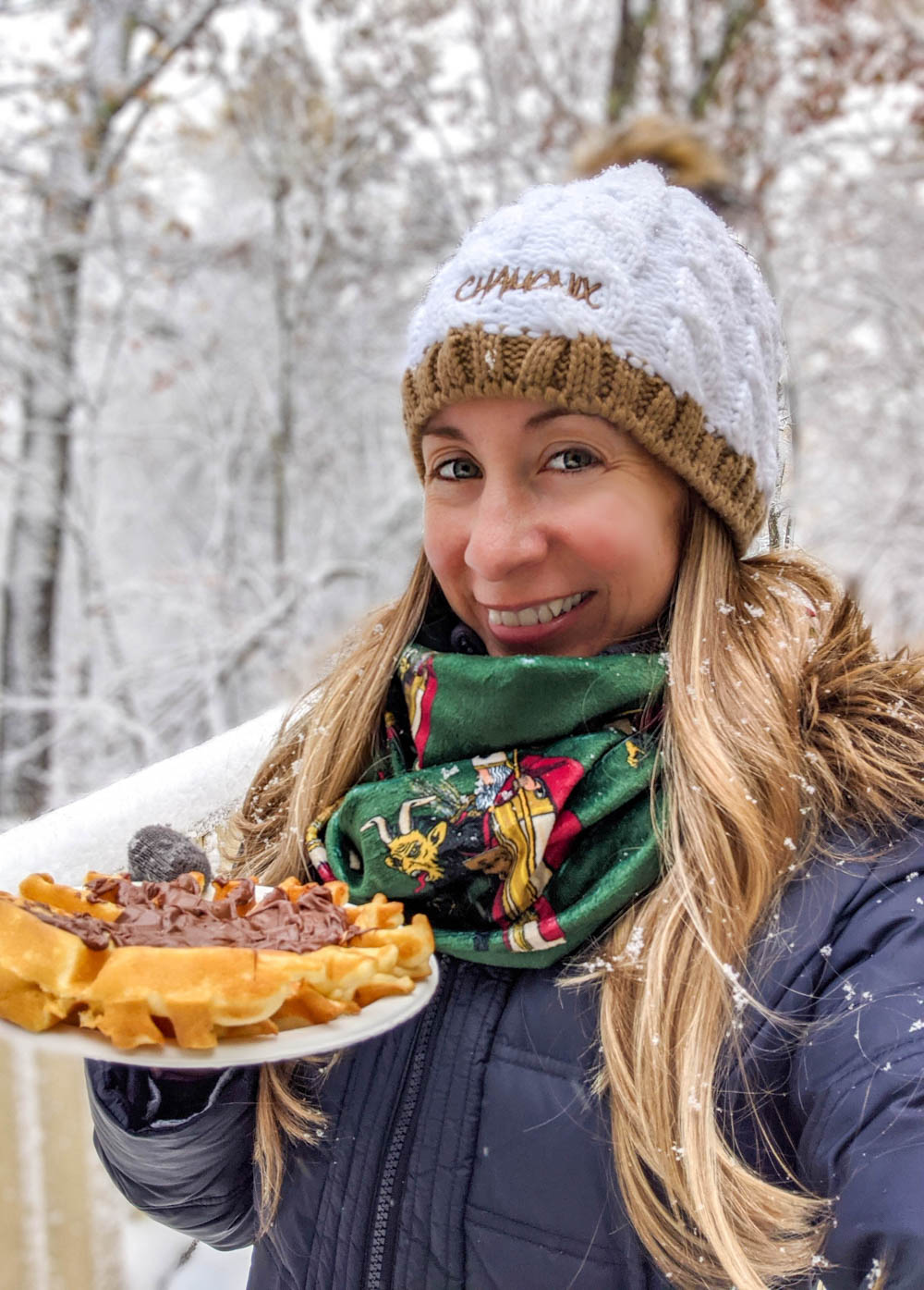 Eating waffles with nutella in the snow