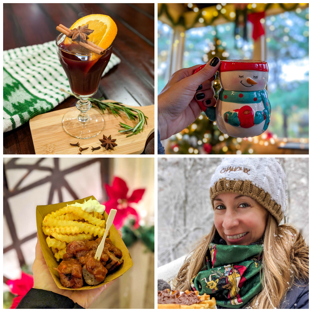 christmas collage of gluhwein, cute mugs, currywurst, krampus scarf