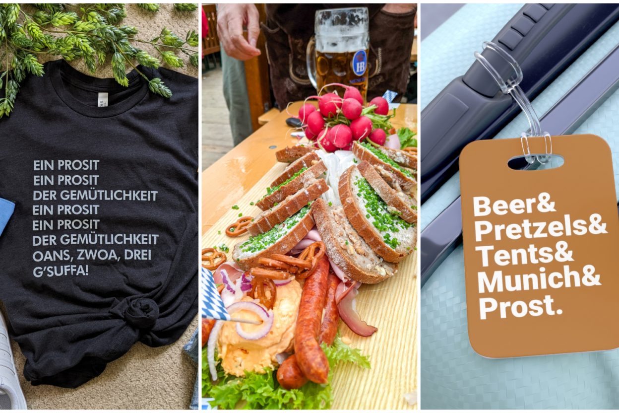 Triple image of T-shirt with Ein Prosit lyrics, a brotzeit, and a brown oktoberfest luggage tag